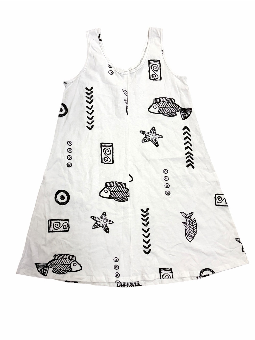 Baba Hawaii Women’s White Asymmetrical Tank Dress with Black Nautical Print - M